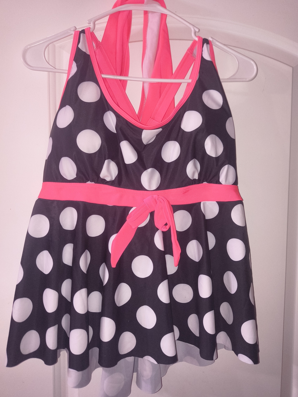 Polka Dot Swim Dress with Neon Pink Accents